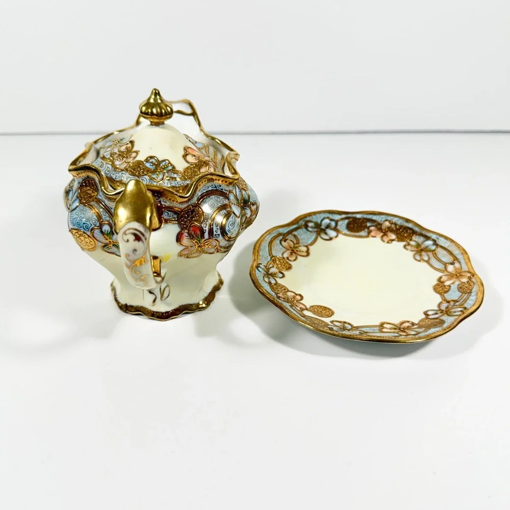 Antique Nippon Syrup Jug & Plate Hand Painted Blue Gold Moriage Flower‎ Signed